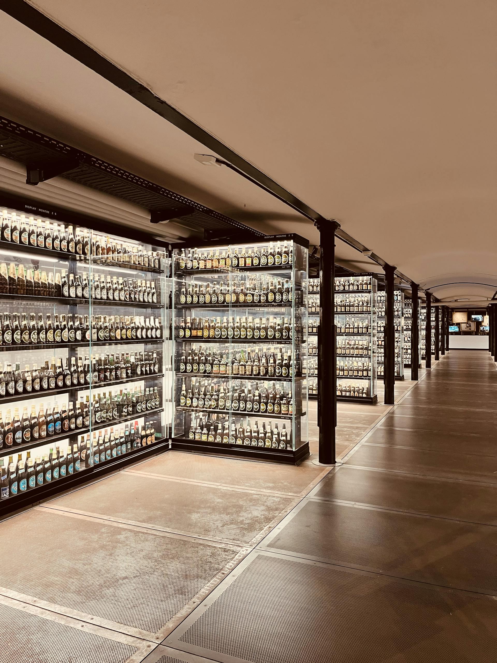 A vast collection of beer bottles showcased in a museum's illuminated display.
